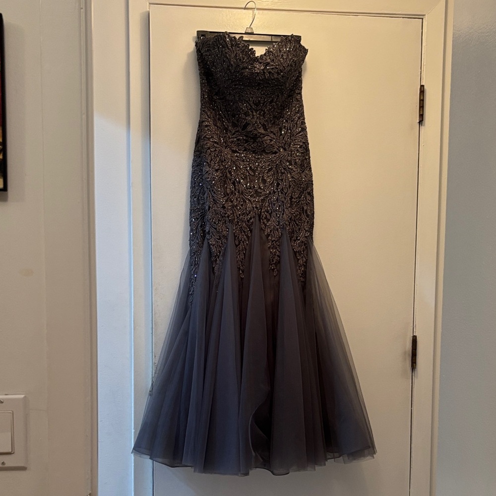 Montage by Mon Cheri Gray Lace Maxi Dress